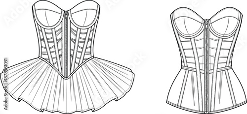 Corset bustier technical drawing with front and back views, zipper closure, boning details, peplum hem fashion sketch