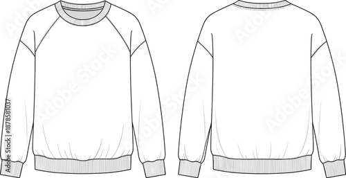 Crewneck Sweatshirt Mockup Template Front and Back View, Blank Long Sleeve Pullover Line Art Vector Illustration for Apparel Design