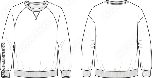 Crewneck sweatshirt technical fashion sketch front and back view, blank long sleeve pullover apparel design template illustration