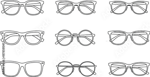 Eyeglasses frames set outline sketch collection, stylish optical glasses shapes template, minimal line art vector illustration