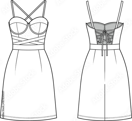 Elegant corset style midi dress technical fashion sketch showing front and back views with lace up detail, women apparel template