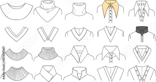 Fashion collar and neckline types set technical sketch collection, shirt sweater and jacket neck designs outline vector illustration