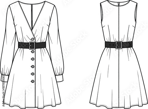 Flat vector illustration of women’s belted midi dress with buttons, long and sleeveless versions, front and back views, fashion technical drawing