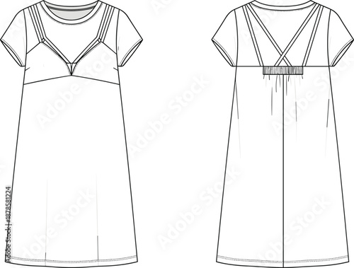 Flat vector illustration of women’s short sleeve midi dress with layered bodice, front and back views, fashion technical drawing