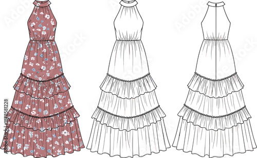 Flat vector illustration of women’s floral maxi dress with layered ruffles, front and back views, fashion technical drawing isolated