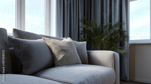 Living room with a cozy corner and new curtains.