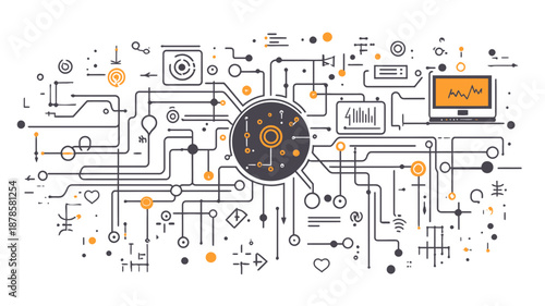 Complex Circuit Board with Central Microchip.