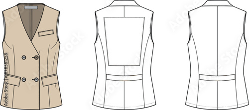 Flat vector illustration of women’s tailored sleeveless vest with double breasted front, belt detail, front and back views technical drawing