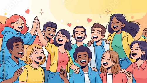 Diverse group of young adults with smiles and high-fives together 53e4c878-fe3d-4e8d-b573-486a12071d8d.ai illustration
