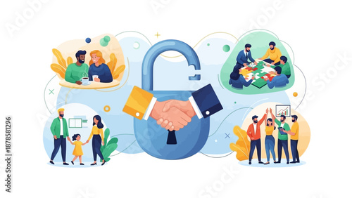 Secure Transaction Process Illustration with People and Padlock Symbolizing Trust and Safety in Financial Dealings 37cd7175-3d69-457b-b105-2ead145a98de