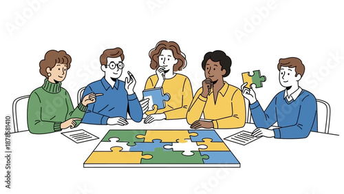Diverse group solving 8d054359 puzzle together around table with pieces and jigsaw