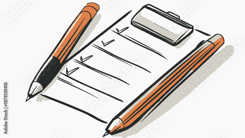 Illustration of Clipboard with Checklist and Pens.