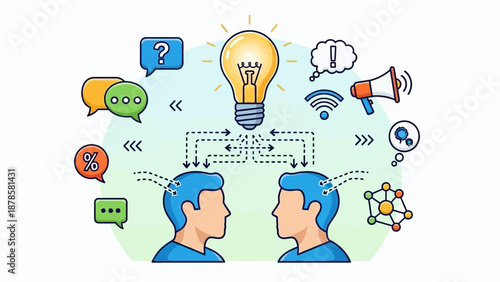 Two individuals facing each other with icons representing communication and ideas surrounding them in a digital environment from a straightforward viewpoint