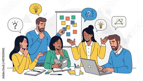 Team brainstorming session around table with diverse professionals discussing ideas and concepts illustrated in the image 8bede14a