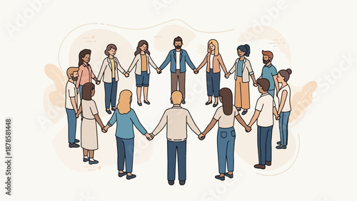 Diverse group of people standing together in a circle holding hands in unity and solidarity