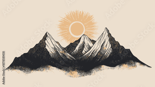 Illustration of Mountains with Sun Behind.