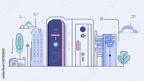 Illustration of various home appliances and devices.