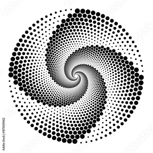 Circular halftone vortex vector illustration. The image features gradient dots descending toward the center. Spiral pattern of transition particles.