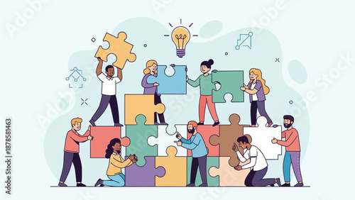 Teamwork and Collaboration Illustrated with People Assembling Puzzle Pieces Together