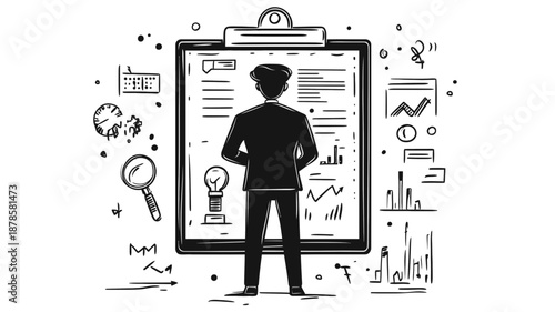 Man Standing in Front of Clipboard with Charts.