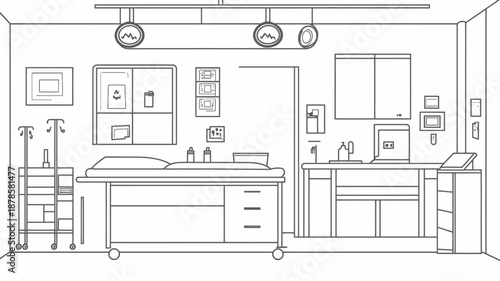 Line Drawing of Kitchen Interior Design.
