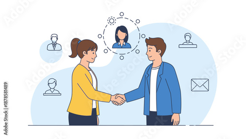 Business professionals shaking hands with communication icons and people silhouettes in the 5fb1ef5f background