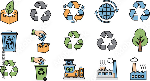 Recycling and Sustainability Icons Set with Circular Arrows, Waste Bins, Eco Packaging, Industry, and Environmental Symbols Vector Illustration