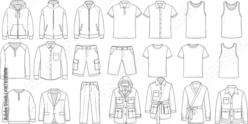 Men clothing fashion technical sketch set with jacket hoodie polo shirt t-shirt shorts pants and outerwear outline vector