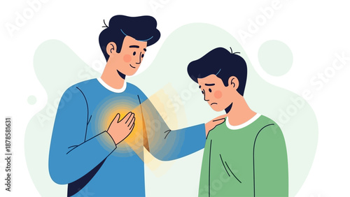 Two men in emotional connection, one consoling the other, with 02da1e62 gesture, vector illustration, digital art, close-up, soft lighting