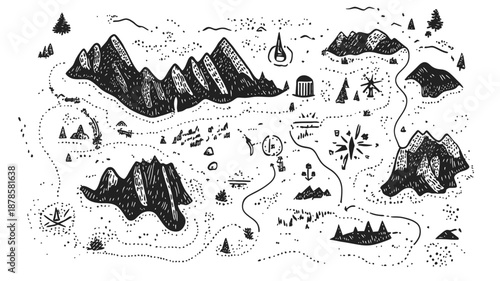 Vintage Fantasy Map with Mountains and Islands.