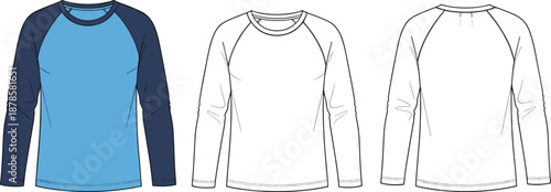 Men raglan sleeve long sleeve t shirt technical fashion flat sketch with front and back views, contrast sleeves and casual sporty design