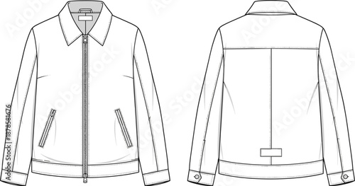 Men jacket technical sketch front and back view, zip up collared outerwear template outline vector for fashion design