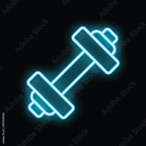Blue neon light representing a dumbbell, an essential equipment for bodybuilding training, on a black background
