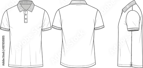 Polo shirt template with front back and side view, blank collared short sleeve apparel mockup outline vector design
