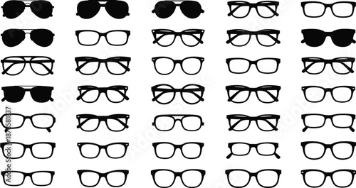Set of Eyeglasses and Sunglasses Silhouette Icons, Black Vector Collection of Modern Optical Frames Isolated on White