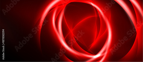 Abstract red design features swirling lines, glowing effect. Dark background emphasizes bright curves, creating dynamic visual impact.
