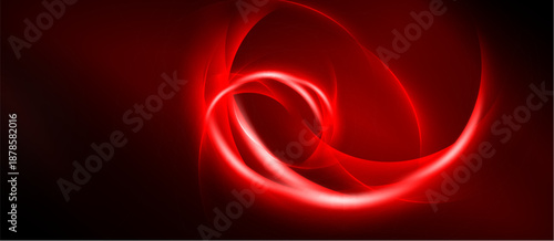 Abstract red swirls, luminous curves, dark background. Dynamic energy radiates from central point, creating visual impact.