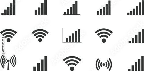 Set of signal strength icons, wifi connection symbols, mobile network indicators and wireless data technology vector graphics for web.