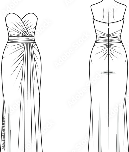 Technical fashion flat sketch of strapless draped evening gown with fitted silhouette front and back views illustration