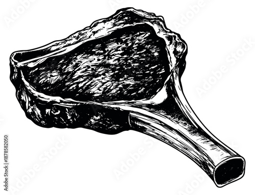 Hand drawn line art illustration of a meat chop depicting a raw cut of steak with bone for restaurant menu design
