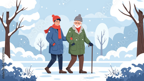 Grandfather and grandson walking in a winter park for family connection and intergenerational bonding promotions