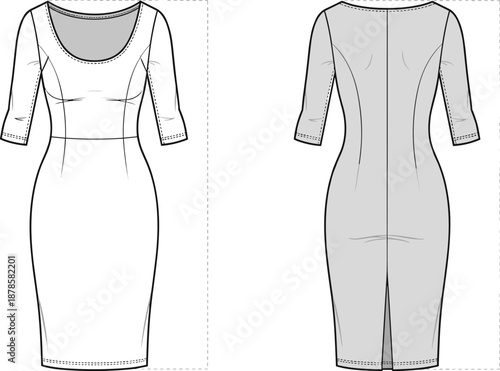 Women bodycon dress technical flat sketch showing front and back views, seam details, fitted silhouette, fashion design template illustration