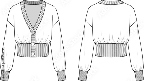 Women cropped cardigan sweater technical fashion flat sketch with front and back views, button closure, ribbed hem cuffs and relaxed sleeves