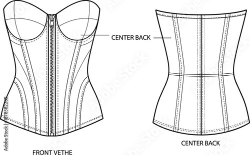 Women corset bustier technical fashion flat sketch with front and back views, zipper closure, structured seams and fitted waist design