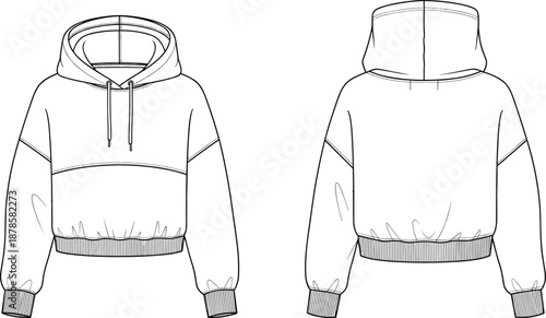 Women cropped hoodie technical fashion sketch showing front and back views with hood and drawstrings, casual apparel design template