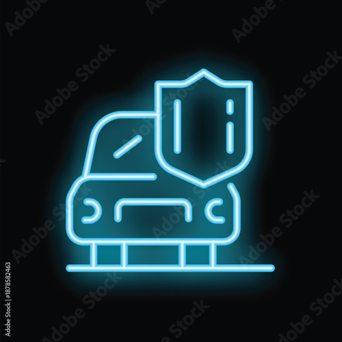 Neon blue icon of a shield protecting a car symbolizing insurance coverage, on a black background