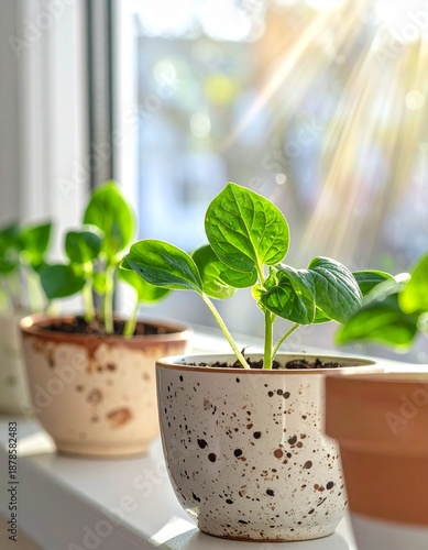 Bright green seedlings growing in speckled ceramic pots on a sunny windowsill. Natural light, spring gardening mood, home planting, eco lifestyle and fresh growth concept.