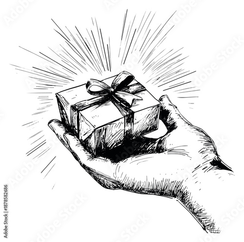 Hand drawn line art illustration of a hand and gift box depicting a glowing present for a special occasion