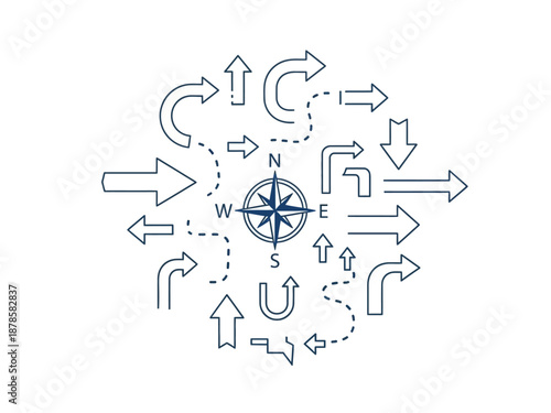 Blue line art compass surrounded by various directional arrows