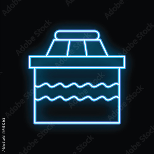 Blue neon sign of a water reservoir tower on a black background, glowing brightly
